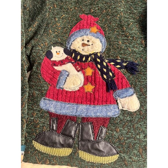 Green Wool Blend Holiday Cardigan W/ Snowman & Tree Appliques -  Large button - Picture 6 of 15